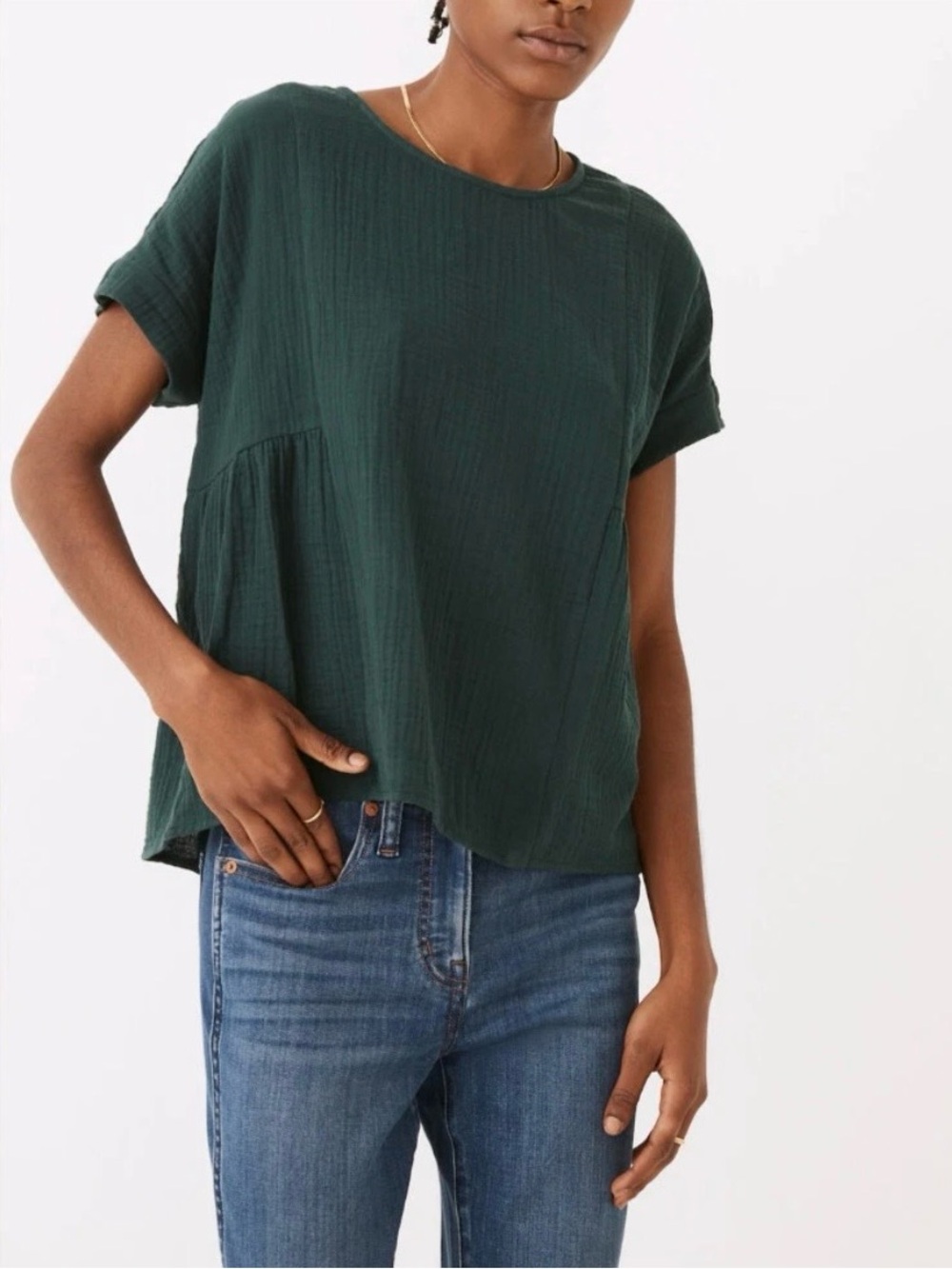 Madewell Emerald Green Lightspun Gauze Muslin Top Casual Preppy Boxy Size XS